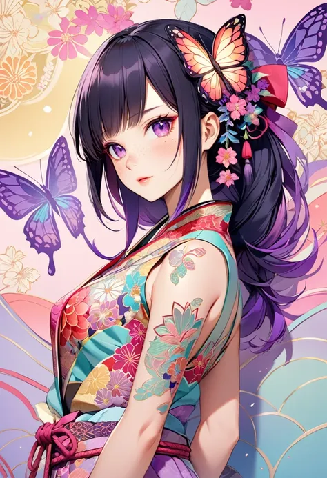 A mesmerizing surreal illustration of a young japanese woman resembling Shinobu Kouchou. She has black hair, purple eyes, a butterfly hair ornament, and wears a vibrant pastel colored outfit adorned with intricate floral patterns. Freckles dot her smooth, ...