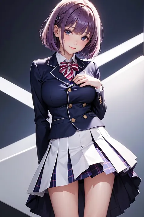 Best Quality,High resolution,8k,(plain white background, no patterns, no textures, just a plain white background:1.3),Masterpiece:1.2),beautiful girl,Big Breasts,Shiny purple hair,(bob cut),Beautiful purple eyes,Depict a Japanese high school girl. She is w...