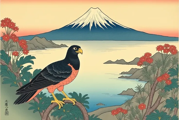  Ukiyo-e type painting, Japanese ancient woodblock print,  first　Mount Fuji、second  hawk, third eggplant, sigh, 