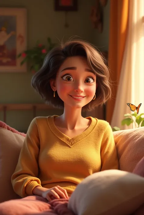 A short woman, short brown hair, brown eyes, light brown skin, about 50 years, happy, in a comfy place, in Disney Pixar cartoon style