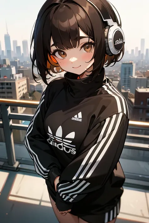 , young woman, Dark hair, very short haircut, big eyes, brown eyes, headphones, smiling, full-length, black adidas sweatshirt with three stripes, Looks at the viewer, there is a big city behind her