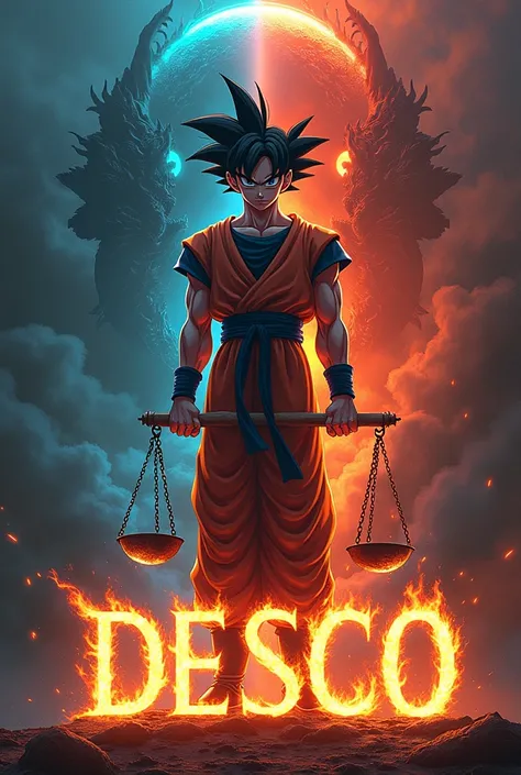 An image with goku , Above the dragon Shen Long and the dragon balls and a scale with fire on one side and a heart on the other side reflecting love and hate and at the base have these letters of fire that say DESCO in large letters