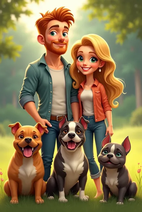 Happy family, the man is red-blond with a beard and as tall as the woman , blue eyes, muscles, his wife has the same height as her husband , blond, green eyes, with 2 pitbull dogs 
