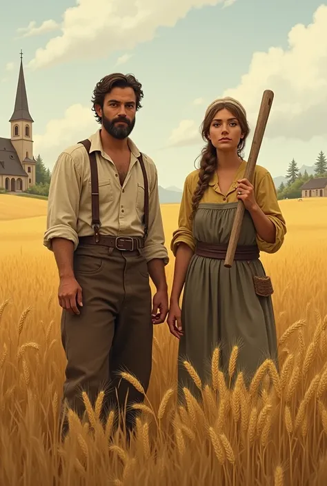 a peasant man and a peasant woman, in wheat plantation, with a church in the background