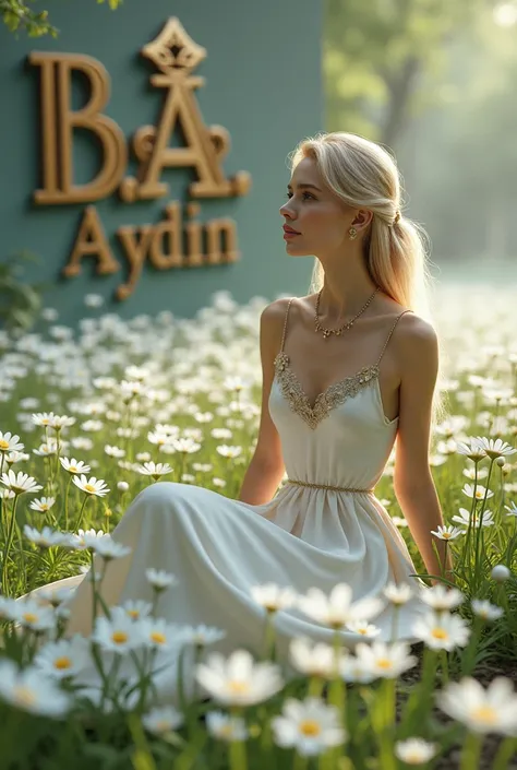 LET IT BE A DAISY ENVIRONMENT . LET THERE BE AN ELEGANT QUEEN, LET A BLONDE WOMAN SIT, LET HER OUTFIT BE WHITE, LET HER HAVE A NECKLACE ON HER NECK. WRITE "BAHAR AYDIN" WITH A 3D LOGO ON THE WALL. "B.A" MUST BE WRITTEN WITH A SINGLE EMBLEM