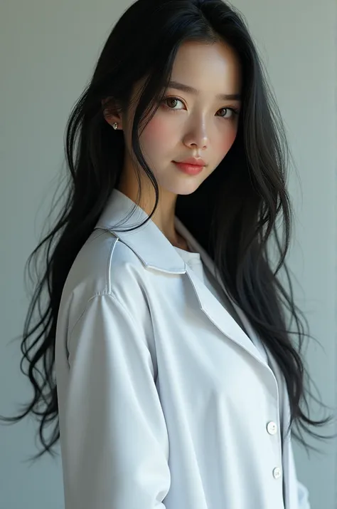 White skinned girl brown eyes long black hair doctor&#39;s coat 