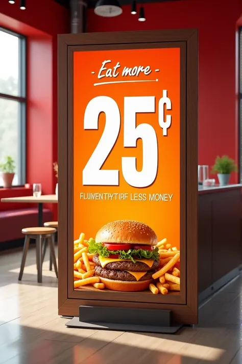 An ad for burgers and fries that says 25Q and says eat more for less money 