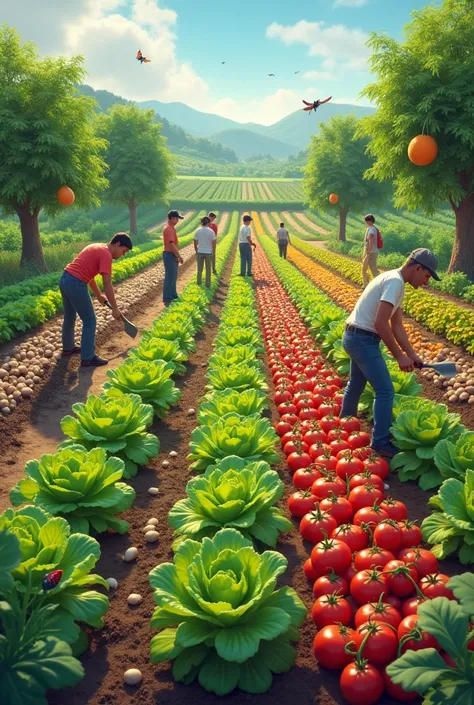 a farm with lettuce crops, potato crops, tomato crops, chili crops, onion crops, carrot crops. Have two male farmers working the soil and three women with shovels in different positions. Different insects should be observed both on the ground and flying in...