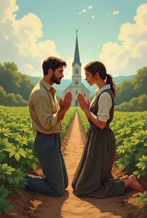 A humble man and woman couple in a potato plantation praying and in the background there is a bell tower of a church 

