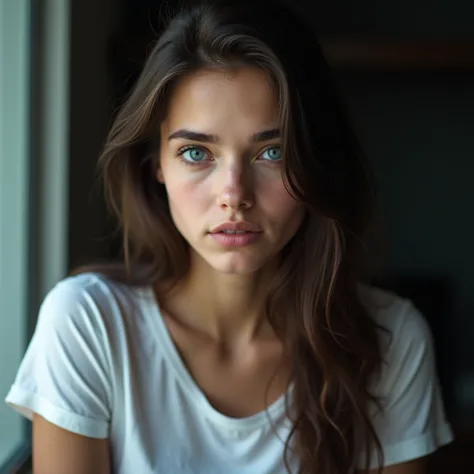 Beautiful woman with long dark brown hair and blue eyes wearing a white t-shirt her face close to the screen