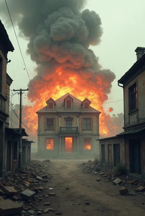 House exploding in the middle of an empty city, 