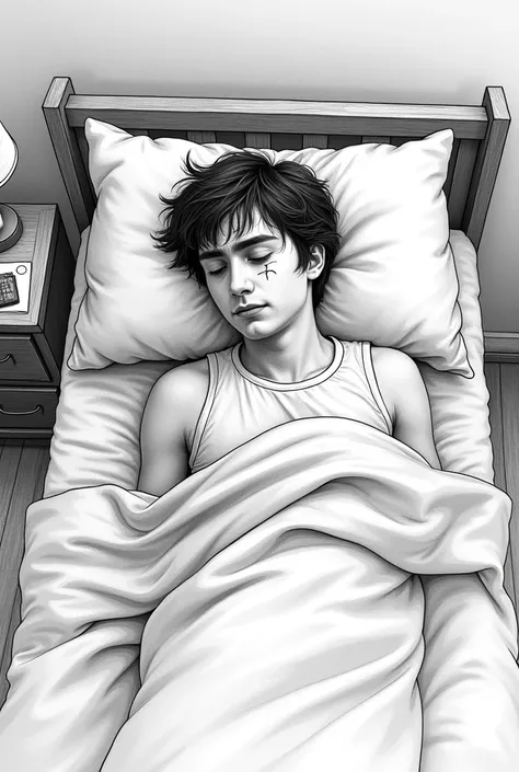 Create a black and white drawing to paint of Harry Potter Harry James sleeping in his bed has to be an adult