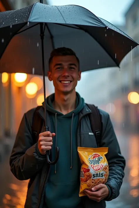 Young man, in his 20s, European type, buzz cut, smiling, walking down the street in the rain, open umbrella, holding pouch of snacks,  hyperdetailed photography, front low angle shot, depth of field, close up, ultrarealistic, soft lighting, 8k, photographi...