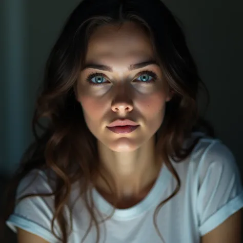 Beautiful woman with long dark brown hair and blue eyes wearing a white t-shirt her face close to the screen