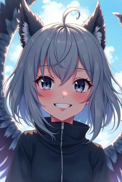 anime, Harpy,youth,Grey Hair,Black Eyes,Smiling with teeth showing, Grin, 