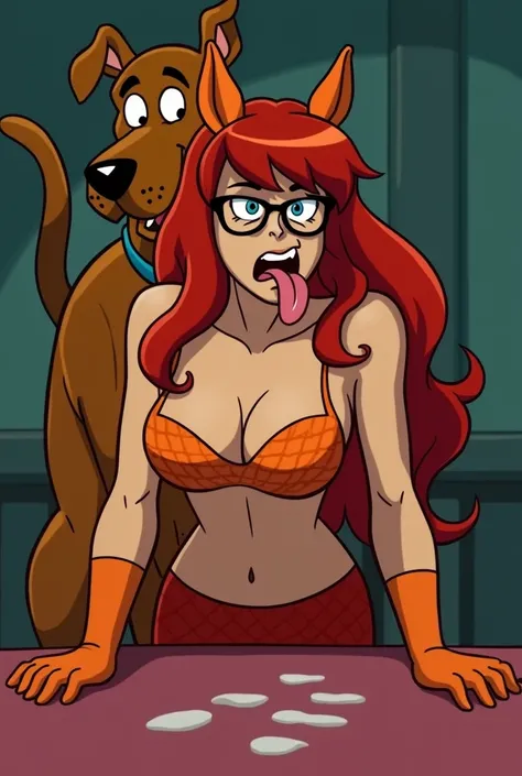 Velma Dinkley bent over a table transforming into a dog with dog ears, a panting dog tongue, a dog tail, a dog nose, dog paws, and dog arms as Scooby-Doo looms over her having anal sex with her from behind. Long Hair, Red Hair, Breasts, Animal Ears, Dog Ea...