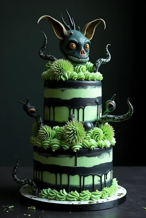 a detailed, beautifully decorated cake, Beetlejuice inspired, food photography, hyperrealistic, 8k, high quality, intricate details, black and white stripes, dramatic lighting, green frosting, eye-catching design, surreal and whimsical elements, macabre ae...