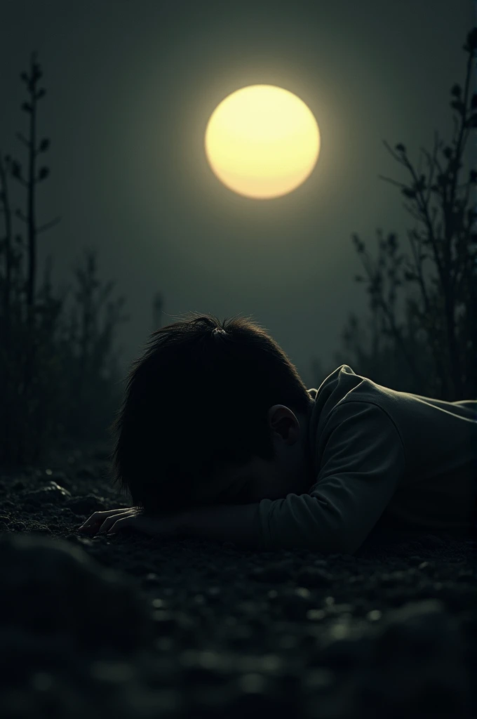 there will be a depressed boy. come face down, he will have sun in his background, he will be in shadow, dark environment