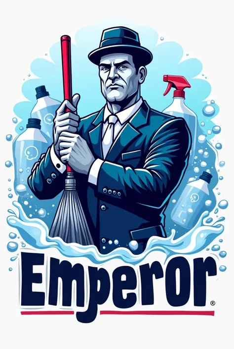 Cleaning products logo with a serious look with the name emperor Put the name EMPEROR Put blue colors, white and red Add a large broom bubbles, soaps and detergents