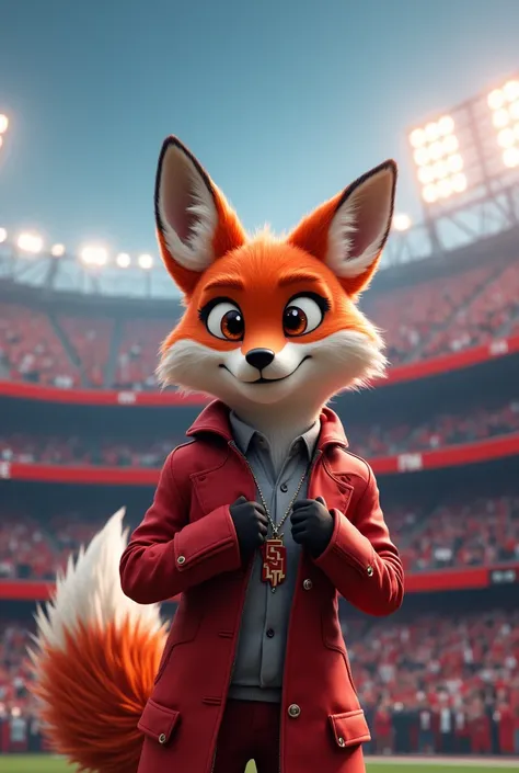 Clever Fox with sports car, University pet, stadium presentation.