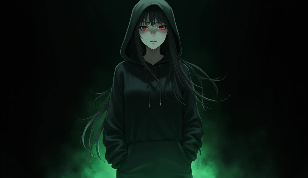 A cool anime girl standing alone in the middle of the picture with a little green glow coming out of her body. The background is completely black. You can only see the woman. It&#39;s not full body, but it&#39;s really cool. She looks fierce. Her hair is d...