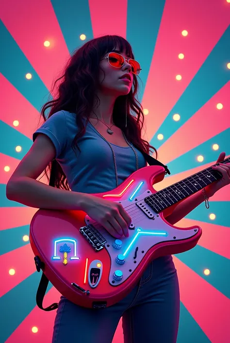 A hipper woman playing neon guitar with a colorful striped background and feminist and anti-conservatism symbols 