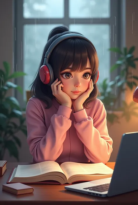 A girl sitting in the room wearing headphone and Im table there is book and laptop and raining outside  a girl looking forward her dress is pink and in table open book