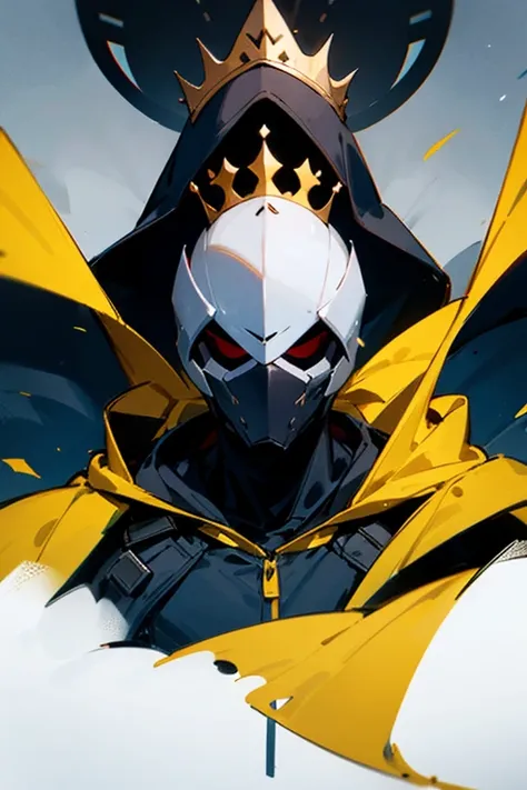 A hooded man with a black hood, his face obscured, wearing a crown on his head, a SWAT suit and a yellow cape on his back.