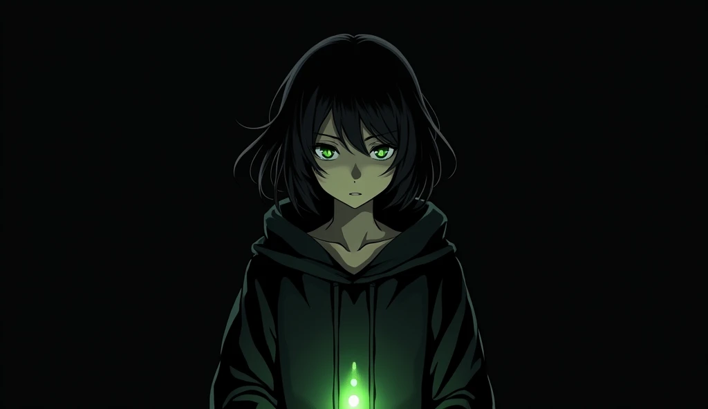 A cool anime girl standing alone in the middle of the picture with a small amount of green light coming out of her body. The background is completely black. You can only see the woman. It&#39;s not full body, but it&#39;s really cool. She looks fierce. Her...