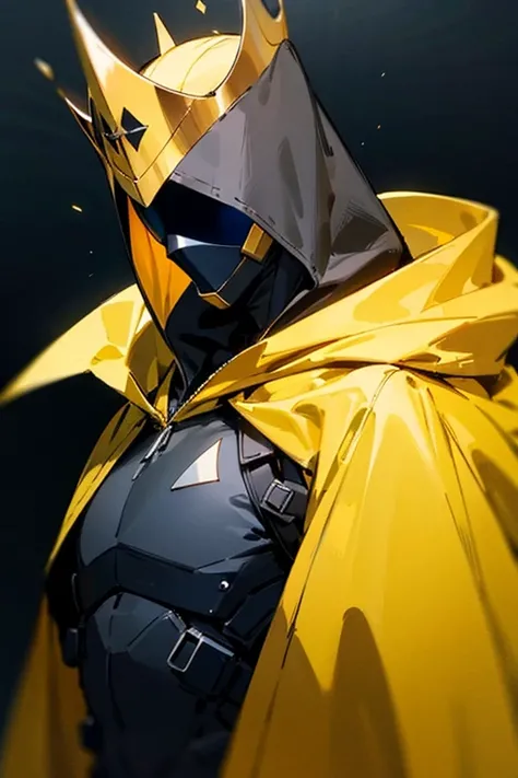 A hooded man with a black hood, his face obscured, wearing a crown on his head, a SWAT suit and a yellow cape on his back.