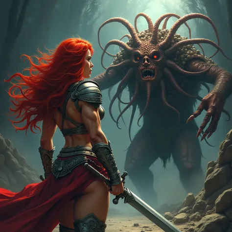 Red Sonja faces a blob of eyeballs and tentacles.  She is ready for a battle.   