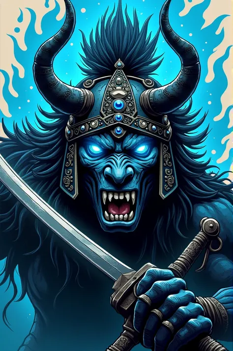 Create a detailed and vibrant image .. The design features a fierce face of the demonic Mexica God Tlaloc with glowing blue eyes, wearing his traditional helmet. The warrior appears to be gripping a sword tightly., with a blue aura surrounding him, adding ...