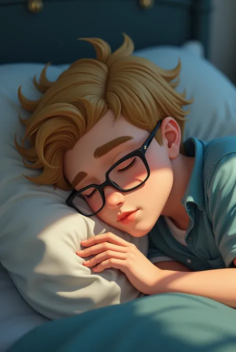 Teen boy with short golden hair and cowlic, semi muscular build and square framed glasses sleeping