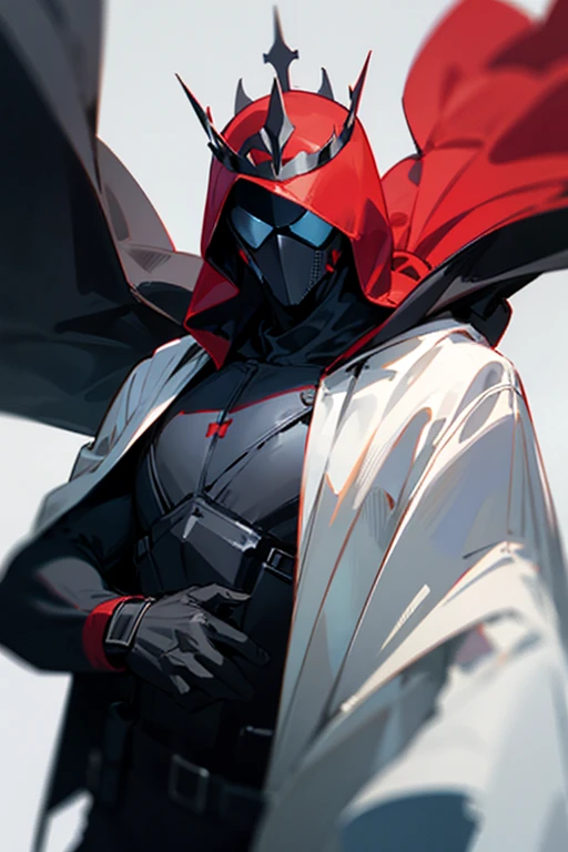 A hooded man with a black hood, his face obscured, wearing a crown on his head, a SWAT suit and a dark red cape on his back.