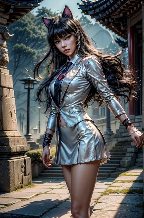 (masterpiece, best quality:1.2), solo, 1girl, cowboy shot, blake belladonna, expressionless, closed mouth, looking at viewer,  cat ears, formal, white suit, red necktie, white skirt, pointy footwear,standing in ancient ampitheatre, east_asian architecture,...