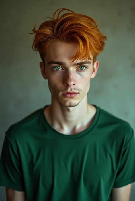 20 year old man, with voluminous orange blonde hair, seeds, medium length in the shape of a helmet, green eyes, pale white skin and physical characteristics of a vampire, short beard and green t-shirt 