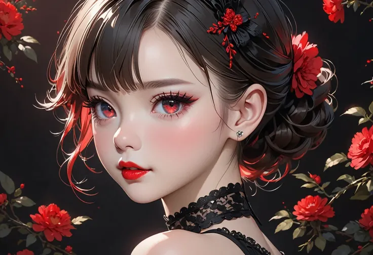 a girl: 1.5, cute baby face, 1, flawless anatomy, red eye shadow, red lipstick, slightly pink cheeks, fair skin, black dress, small breasts, unique hairstyle, a choker, top quality, ultra-detailed, High quality detailing