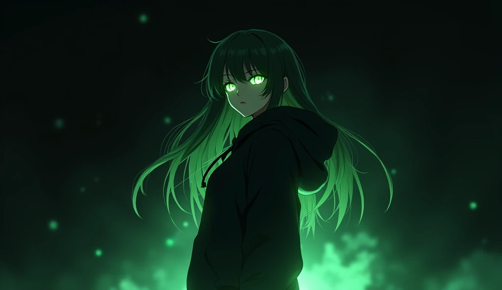 A cool anime girl standing alone in the middle of the picture with a green glow coming out of her body. The background is completely black. You can only see the woman. Not full body, half body, but very cool. Looks fierce and cool. Hair down, wearing a coo...