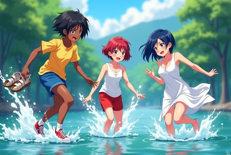 Anime 3 young women, playing in river splashing each other wet, arthletic girl dark skin short black hair yellow t-shirt blue Bermudas white velcro sneakers, looking shy short dark red hair white blouse red shorts white socks red sneakers, dark blue hair l...