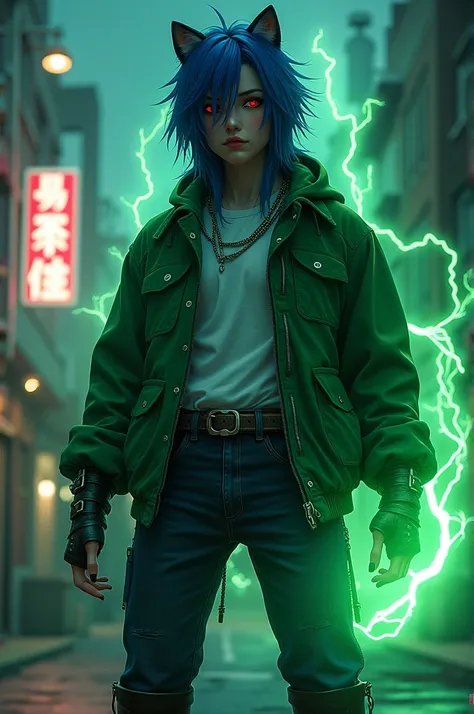 Male age 18, american, long blue hair visual kei, black sclera, red glowing eyes, cute sight,  green casual jacket, white tshirt, black , dark blue jean pants, green lightning powers, chains around the belt, leather boots with chain pins, cyberpunk japanes...