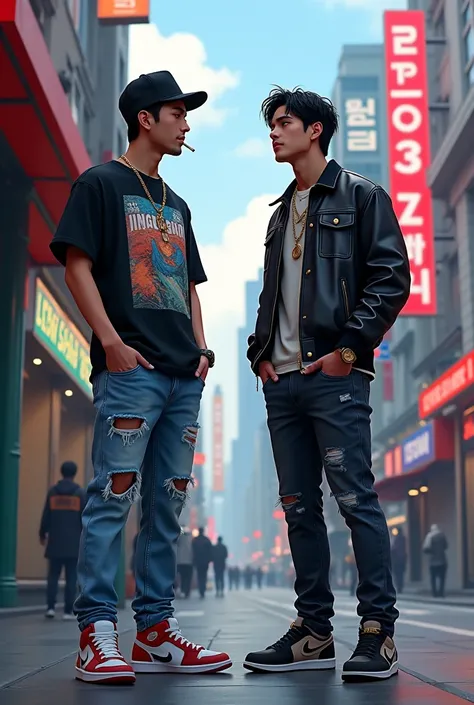 Two Korean rapper on the street wearing cool outfit. Smoking and talking to each others 