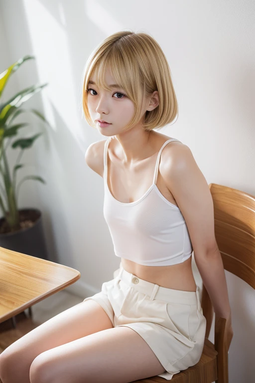 (Real),８KCG,High resolution,Create a photo of a Korean Asian teenager,beautiful girl, ((Blonde)),((9yo)),Narrow eyes:1.5,Slim Face,Underarm,White tank top,No arm hair,(Small Face:1.3),Slim Face,Ask,Sit on indoor japanese praivateroom simple chair,
1人の女の子, ...