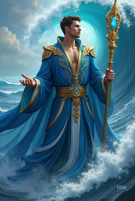 the lord of the seas. He wears blue clothes, white and cyan with gold details. He uses a golden staff with a blue jewel on top.. He is very young and handsome 