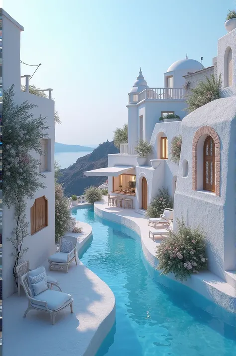 A hyper realistic, ultra detailed and whimsical scene of a dvrscls Santorini village covered in scales, with a stream, a bakery, whitewashed houses, flowers, pools and sea. All intricately made of white and light blue colors and textures, with ethereal lig...