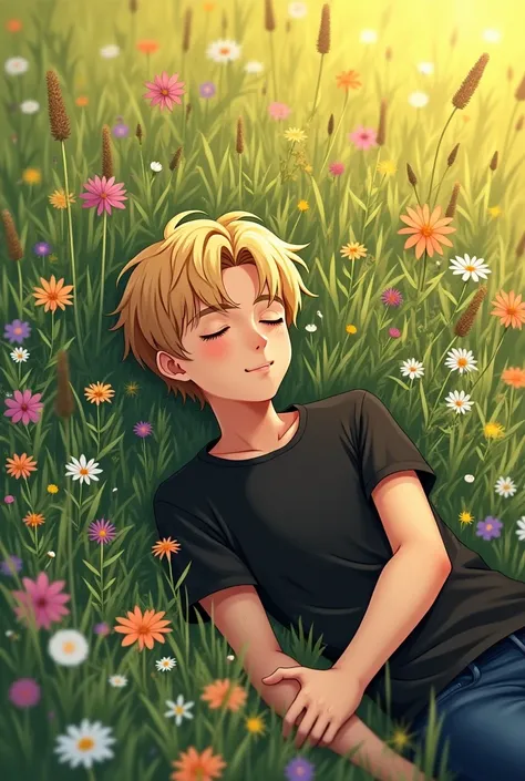 Teen boy with short golden hair and cowlic, semi muscular build sleeping in flower feild in black t shirt