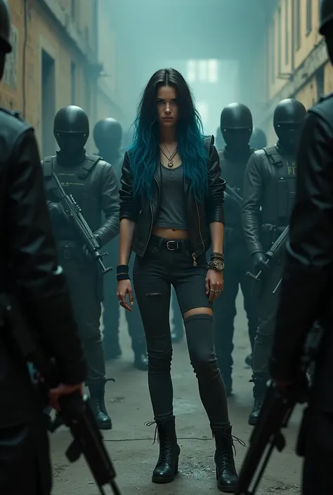 A young woman with black hair and blue streaks standing in front of a group of armed men 