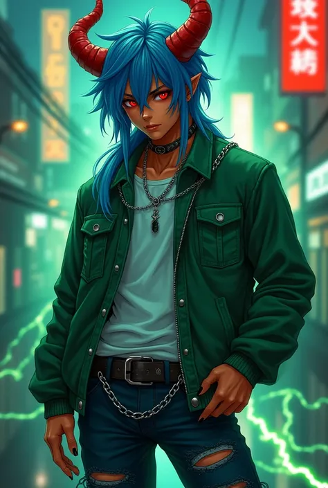 Male demon age 18, american, long blue hair visual kei, black sclera, red glowing eyes, cute sight, ornge skin, red horns, green casual jacket, white tshirt, black , dark blue jean pants, green lightning powers, chains around the belt, leather boots with c...