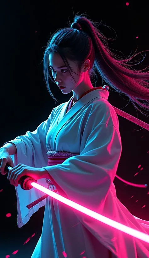 Black background Woman holding a sword Neon color line art Dynamic movement Dual glow Photorealism Computer art Graphic art Neon color Line A woman fighting in a kimono Long hair in a ponytail