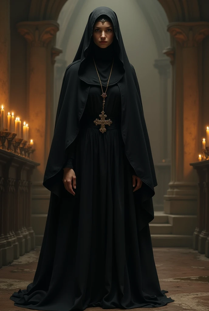 Priest woman dressed in black in old times