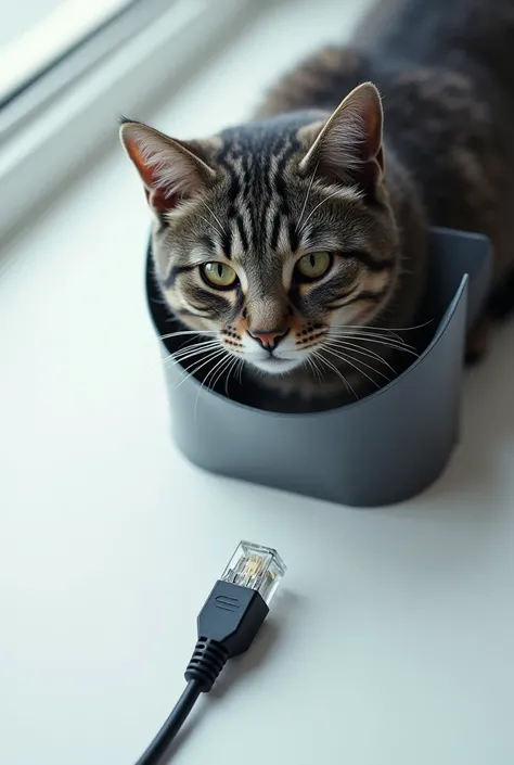 Shielded male cat 6 RJ-45 connector on a white table viewed from above
